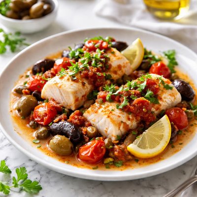 Image of Cod with Tomatoes Olives and Capers