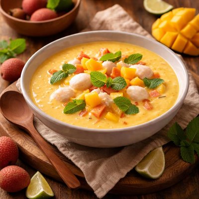 Image of Cold Lychee Mango Soup Garnished with Mint