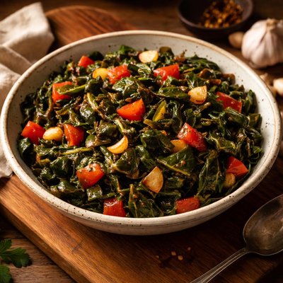 Image of Collard Greens with Tomatoes and Garlic