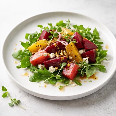Image of Colorful Beet Salad on Arugula with Sherry Vinaigrette