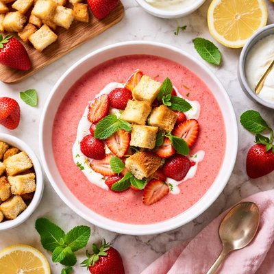 Image of Cool Strawberry Soup with Pound Cake Croutons