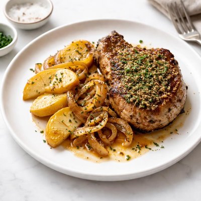 Image of Coriander Pork Chops with Sauteed Apples and Caramelized Onions