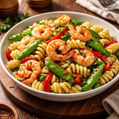 Image of Corkscrew Pasta with Shrimp Sugar Snap Peas and Red Peppers
