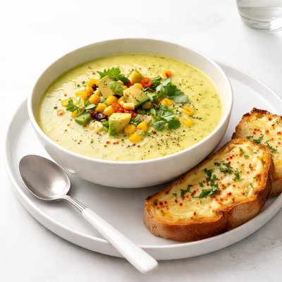 Image of Corn Avocado Soup with Cheesy Toasts