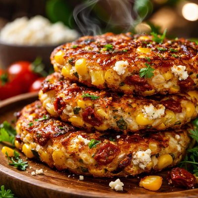 Image of Corn Burgers with Sun Dried Tomatoes and Goat Cheese