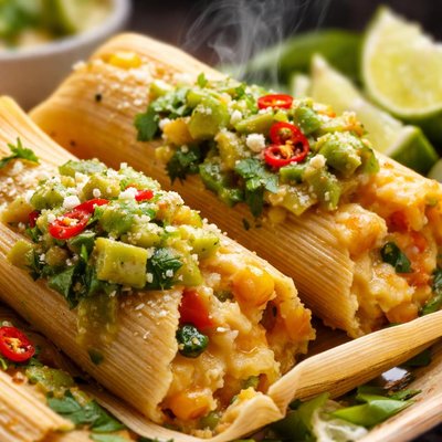 Image of Corn Cheese and Chili Tamales with Tomatillo Avocado Salsa