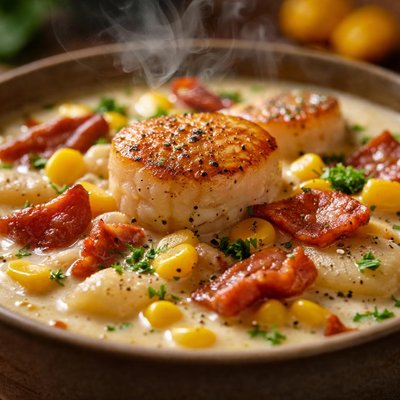 Image of Corn Chowder with Bacon and Scallops