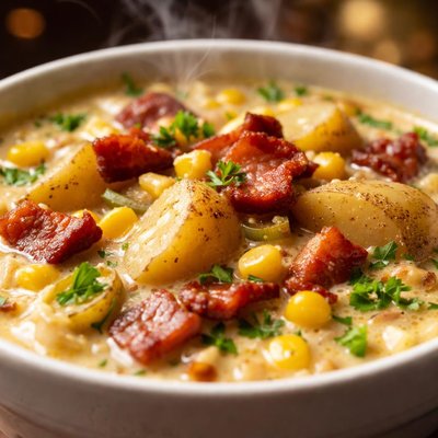 Image of Corn Chowder with Fingerling Potatoes Smoked Bacon
