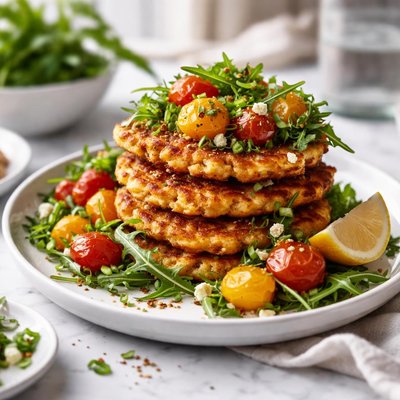 Image of Corn Fritters with Arugula Warm Tomatoes