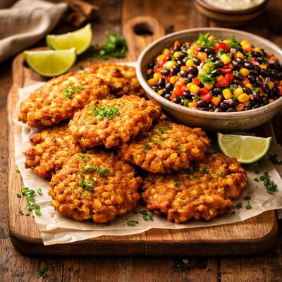 Image of Corn Fritters with Black Bean Salad