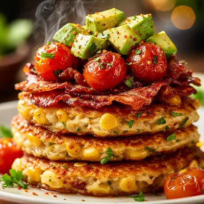 Image of Corn Fritters with Crispy Bacon Roasted Tomatoes Avocado