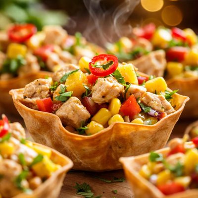 Image of Corn Mango Chicken Salad in Wonton Cups