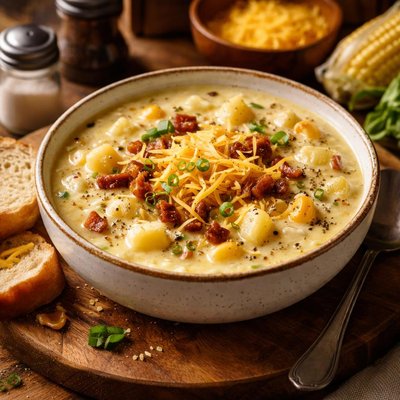 Image of Corn Potato and Cheddar Cheese Chowder