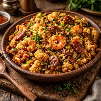 Image of Cornbread Stuffing W Shrimp Andouille Cajun Creole Zwt 9