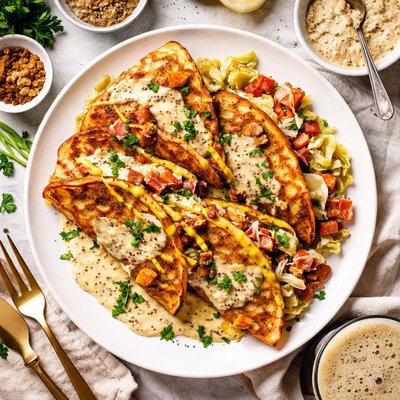 Image of Corned Beef and Cabbage Boxty with Stout Mustard Sauce