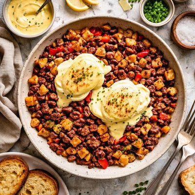 Image of Corned Beef Hash with Poached Eggs Under Hollandaise
