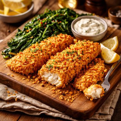 Image of Cornflake Crumbed Fish with Spinach
