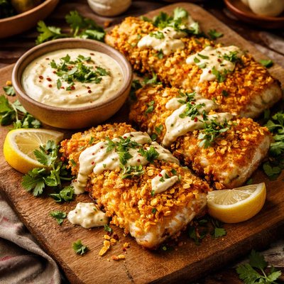 Image of Cornflake Crusted Halibut W Chile Cilantro Aioli