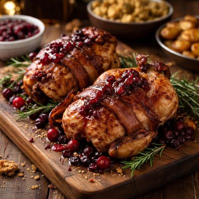Image of Cornish Game Hens with Bacon and Cranberry Sauce
