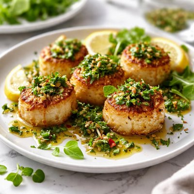 Image of Cornmeal Crusted Scallops W Mint Chimichurri