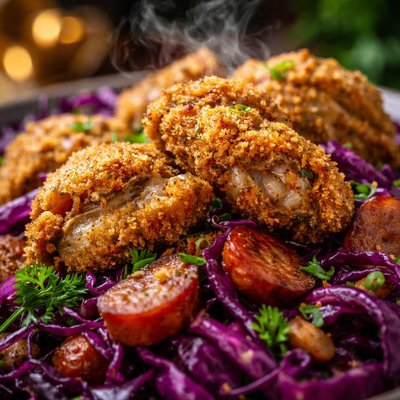 Image of Cornmeal Fried Oysters with Red Cabbage and Sausage