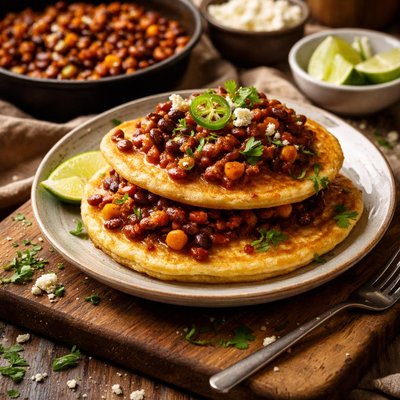 Image of Cornmeal Pancakes with Spicy Beans