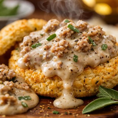 Image of Cornmeal Sage Biscuits and Sausage Gravy