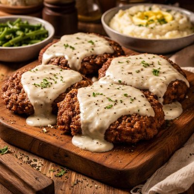 Image of Country Fried Hamburger Steaks with Gravy