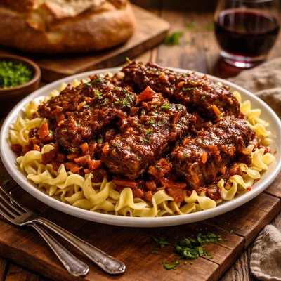 Image of Country Ribs Slow Braised in Wine with Noodles