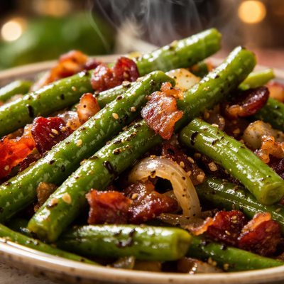 Image of Country Style Green Beans W Bacon Onions and Balsamic Vinegar