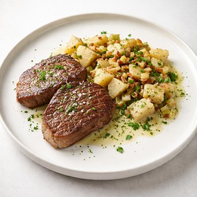 Image of Couple of Minute Steaks and Potato Ragout