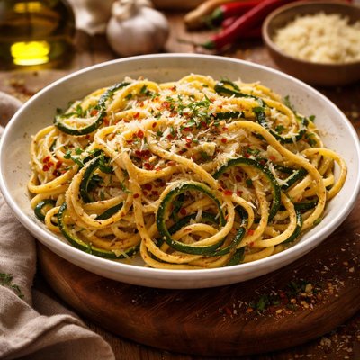 Image of Courgette Zucchini Pasta with Chili Garlic Parmesan