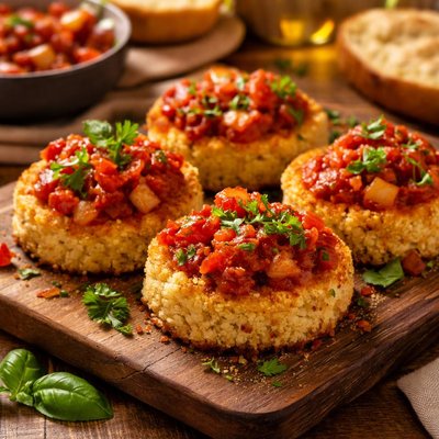 Image of Couscous Cakes with Tomato Garlic Ragout