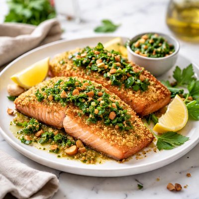 Image of Couscous Crumbed Salmon with Parsley and Hazelnut Pesto