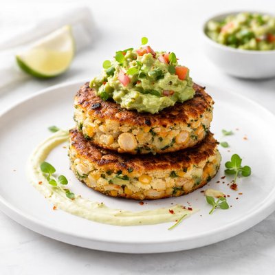 Image of Crab and Corn Cakes Topped with Guacamole