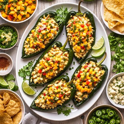 Image of Crab and Goat Cheese Poblanos with Mango Salsa