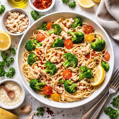 Image of Crab Linguine with Broccoli and Tomatoes