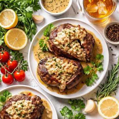 Image of Crab Stuffed Filet Mignon with Whiskey Peppercorn Sauce