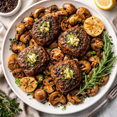 Image of Cracked Black Pepper Crusted Filet Medallions with Cremini