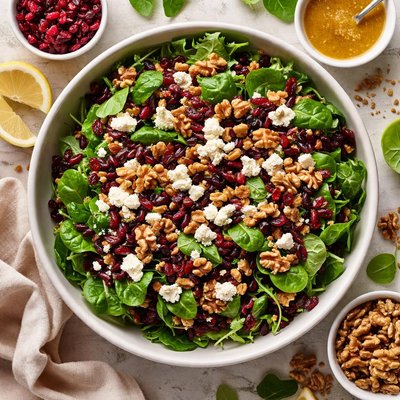 Image of Cranberries Walnuts and Crumbled Cheese Over Greens