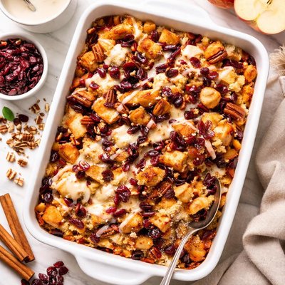 Image of Cranberry Apple Pecan Bread Pudding with Vanilla Cream Sauce