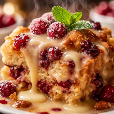Image of Cranberry Bread Pudding and Amaretto Sauce