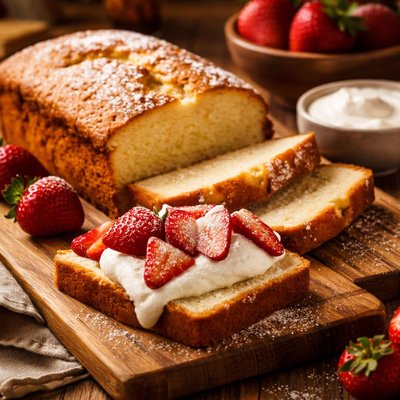 Image of Cream Cheese Pound Cake with Strawberries and Cream