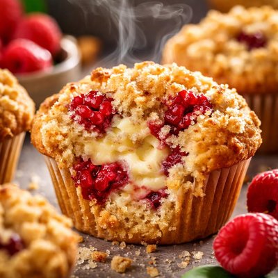 Image of Cream Cheese Raspberry Muffins with Butter Crumb Topping