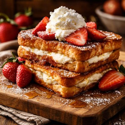 Image of Cream Cheese Stuffed French Toast W Strawberries and Whip Cream