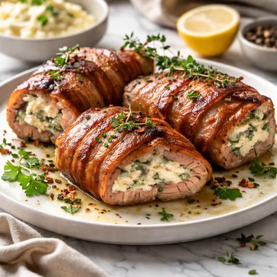 Image of Cream Cheese Stuffed Pork Chops Wrapped in Bacon