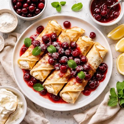 Image of Cream Filled Crepes with Tart Cherry Sauce