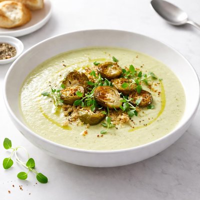 Image of Cream of Brussels Sprout Roasted Garlic Soup
