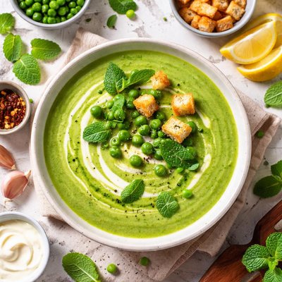 Image of Cream of Green Pea Soup with Fresh Mint