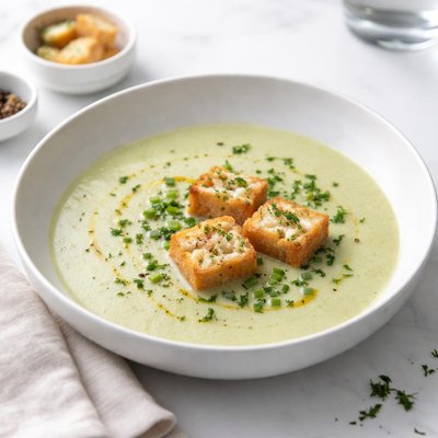 Image of Cream of Leek and Herb Soup with Cheese Croutons